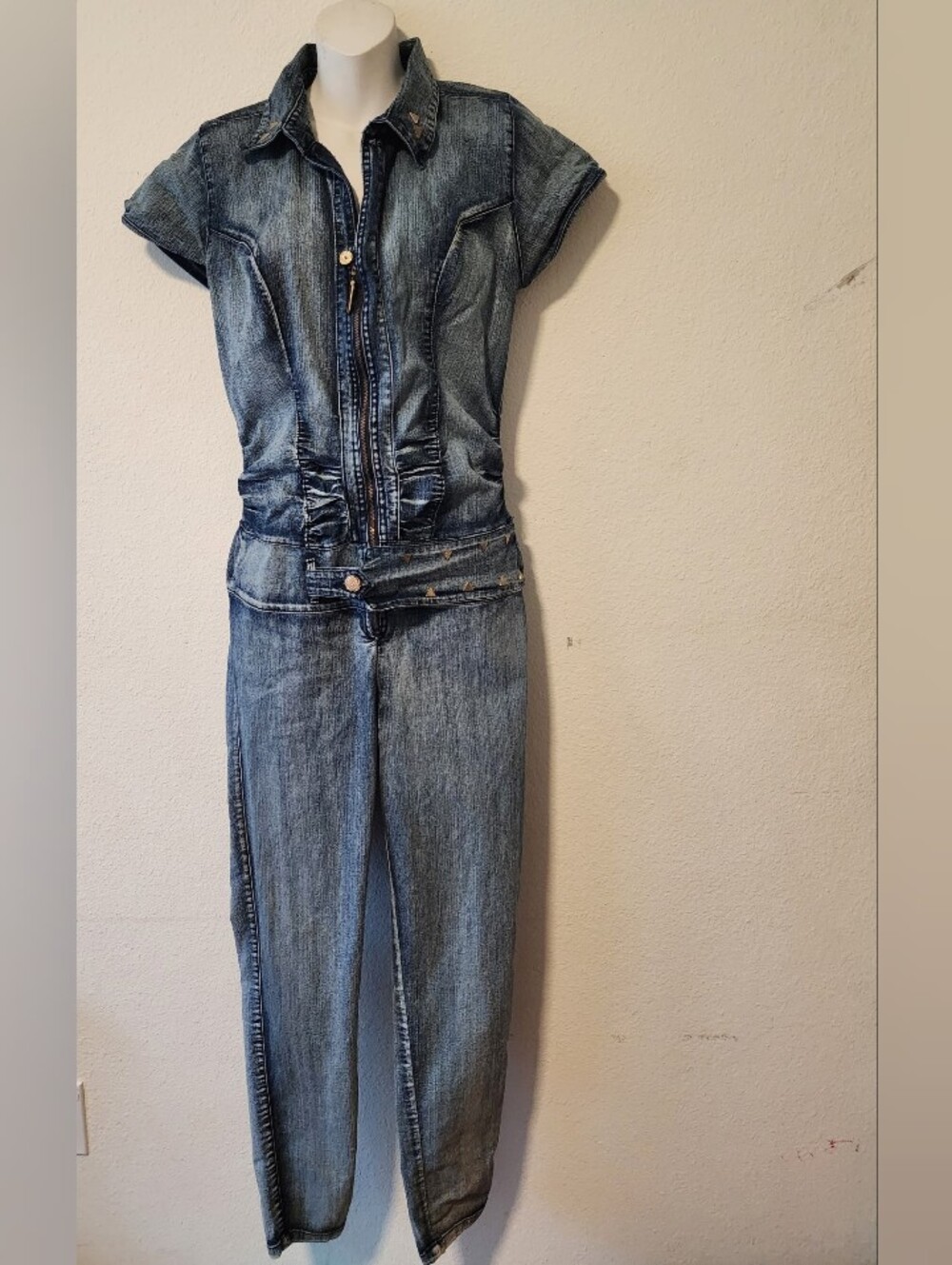Studio C Colombian Denim Jumpsuit Butt Lift Short Sleeve Acid Wash Size 9